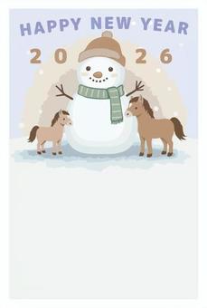 雪だるまと馬の親子 2026,2026年,年賀状,年賀,年賀はがき,新年,謹賀新年,あけましておめでとう,令和8年,馬のイラスト素材