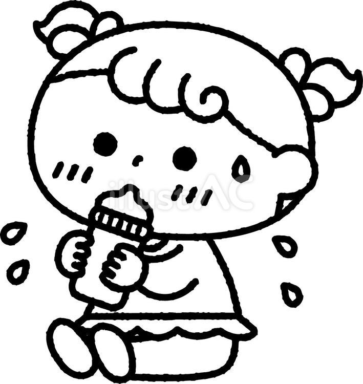 汗をかきながら水分補給をする赤ちゃん白黒 赤ちゃん,ミルク,哺乳瓶のイラスト素材