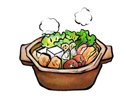 お鍋のカラーイラスト 鍋,なべ,お鍋,鍋会,葱,ネギ,長ネギ,シイタケ,椎茸,団欒のイラスト素材