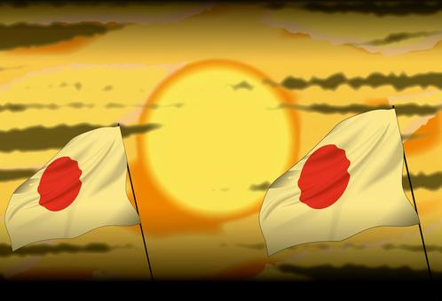 日の丸なびく　 日の丸,なびく,国旗,愛国,夕日,夕方,風景,リアルのイラスト素材