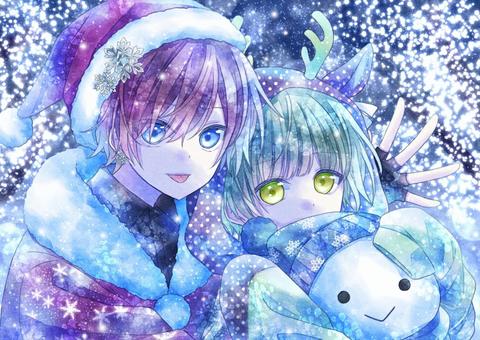 男の子 人物,男の子,キャラクター,水彩,キラキラ,青,水色,冬,クリスマス,サンタのイラスト素材