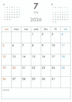 2026年7月カレンダー-縦 カレンダー,2026年,2026,1か月,3か月,令和8年,暦,日曜始まり,祝祭日,祝日のイラスト素材