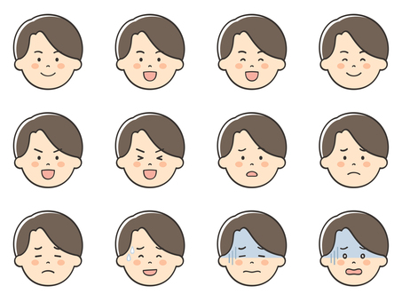 男性のいろいろな表情アイコン03 男性,男,笑顔,嬉しい,楽しい,喜び,楽しみ,ワクワク,困る,不安のイラスト素材