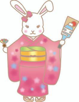 振袖うさぎ うさぎ,兎,正月,年賀状,和柄,冬,1月,振袖,着物,元旦のイラスト素材