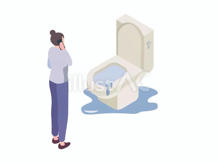 水漏れ修理の電話をする女性のアイソメ トイレ,便器,お手洗いのイラスト素材