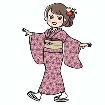 麻の葉文様の着物を着て楽しそうに歩く女性 女性,着物,和柄,麻の葉,文様,大和撫子,和服,晴れ着,晴れ姿,和装のイラスト素材