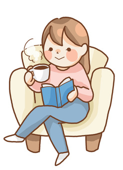 ソファでゆっくりする女性 女性,ティータイム,余暇,リラックス,まったり,ゆっくり,チルタイム,コーヒー,コーヒーブレイク,のんびりのイラスト素材