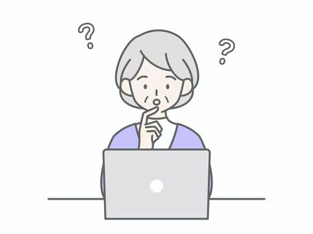 パソコンを見て考えるシニア女性 人物,女,祖母,おばあちゃん,老人,高齢者,お年寄り,シニア,白髪,パソコンのイラスト素材