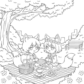 ピクニックしている2人 ピクニックしている2人 ぬり絵,手書き,線画,白黒,塗り絵,ぬりえ,ピクニック,2人,複数,男の子のイラスト素材