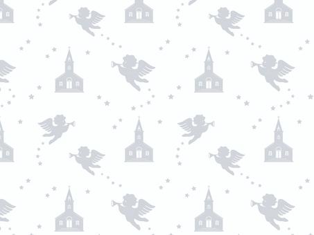 天使と協会のパターン_シルバー クリスマス,パターン,模様,モチーフ,協会,チャーチ,天使,エンジェル,飛ぶ,ラッパのイラスト素材