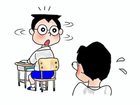 何、呼んだ？ 人物,こども,男の子,小学生,後ろ姿,汗,首,フクロウ,能力,教室のイラスト素材