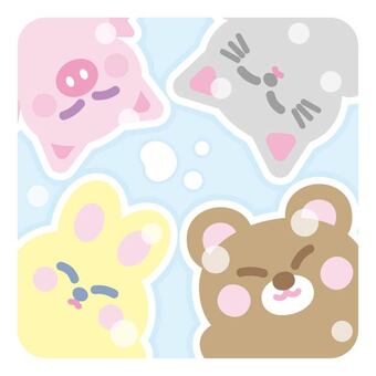 雪の上で寝転ぶ（くま、うさぎ、こぶた、ねこ） 雪,冬,全身,並ぶ,ピンク色,灰色,黄色,茶色,笑顔,楽しいのイラスト素材