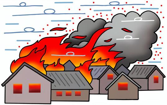 火災・強風・火の粉・延焼 火災,火の粉,強風,煙,家屋火災,延焼,類焼,火,家,住宅のイラスト素材