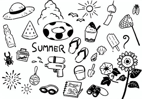 手書きの夏の線画イラストセット 夏,夏素材,手描き,線画,モノクロ,白黒,ゆるい,シンプル,落書き,アイコンのイラスト素材