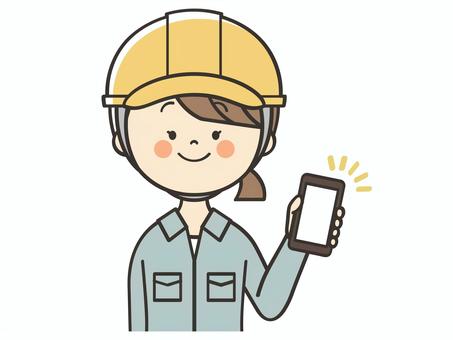スマホを持った女性作業員 建築士,設計士,作業員,スマホ,画面,見せる,登録,誘導,紹介,案内のイラスト素材