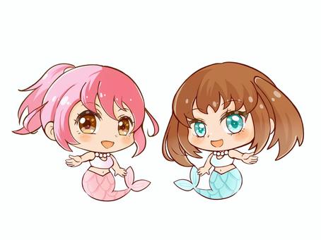 ふたりの女の子 人魚 人魚,女の子,二人組,ポニーテール,ツインテール,ピンク髪,萌え系,ちびキャラ,かわいい系のイラスト素材