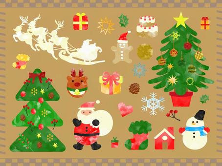 クリスマスイラストセット手書き水彩画14 クリスマス,サンタクロース,水彩画,手描き,枠,フレーム,セット,飾り枠,花,プレゼントのイラスト素材