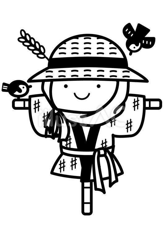 案山子-1c 案山子,スズメ,稲のイラスト素材