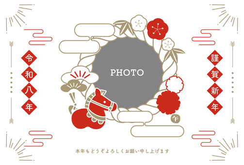 午年フォト年賀状　和モダン 年賀状,年賀,馬,午年,しめ縄,松竹梅,シンプル,モダン,写真,フレームのイラスト素材