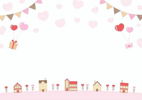 バレンタインの街並みの背景04 バレンタイン,ハート,街並み,背景,フレーム,プレゼント,ガーランド,風船,2月,冬のイラスト素材