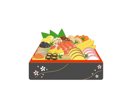 かわいいおせち料理のイラスト おせち料理,正月,年賀状,新年,料理,食べ物,和食,日本料理,重箱,お祝いのイラスト素材