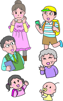 Illustration, चार चरित्र मुहावरेदार यौगिकों, सभी उम्र के पुरुषों और महिलाओं, पुराना, 