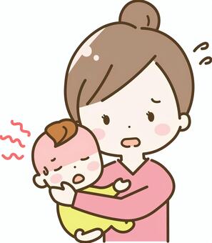 体調不良（発熱）の赤ちゃんと心配するママ ママ,赤ちゃん,人物,体調不良,発熱,熱,高熱,風邪,感染症,病気のイラスト素材