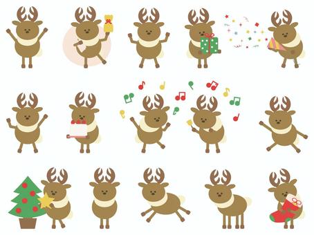 クリスマスを楽しむトナカイさん トナカイ,クリスマス,動物,キャラクター,クリスマスツリー,ツリー,木,飾り,星,プレゼントのイラスト素材