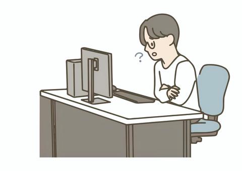 オフィスカジュアルの男性が疑問を感じる オフィスカジュアル,男性,会社員,ビジネスマン,デスクワーク,オフィス,職場,パソコン,疑問,悩むのイラスト素材