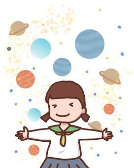たくさんの惑星について話す中学生の女の子 宇宙,惑星,天体,語る,プラネット,見える,わくわく,教える,女の子,手描きのイラスト素材