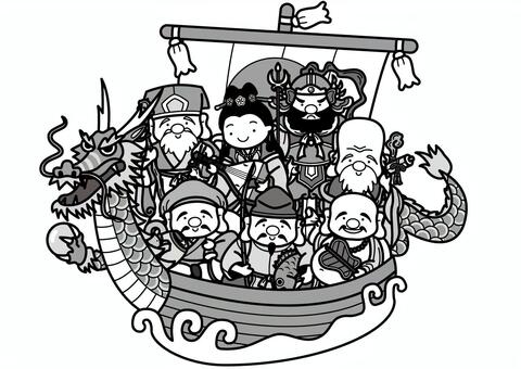 七福神宝船-2c 宝船,七福神,大黒天,恵比寿天,布袋尊,寿老人,福禄寿,弁財天,毘沙門天,神様のイラスト素材