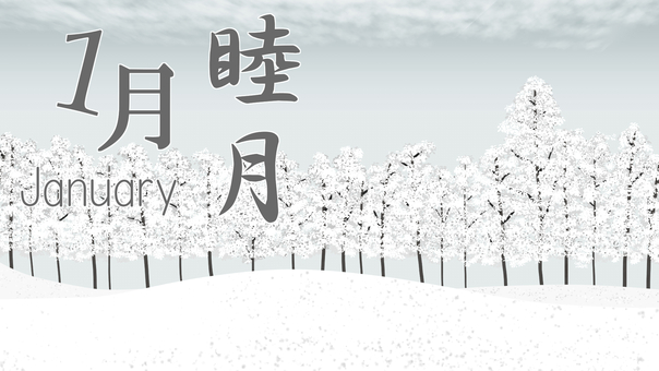 １月のイラスト_フルHDサイズ3 1月,睦月,文字,和風,月名,英語,英名,冬,冬景色,雪景色のイラスト素材
