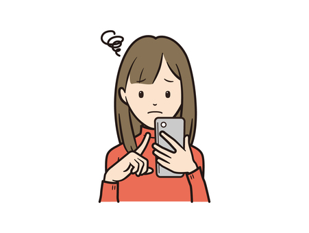 スマホ操作に困惑するニットセーターの女性 スマホ,スマートフォン,女性,携帯電話,モバイル,アプリ,sns,困る,困惑,悩むのイラスト素材