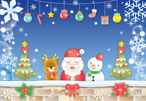クリスマスの雪の夜のカード（文字無） クリスマス,サンタ,トナカイ,雪だるま,冬,雪,キラキラ,かわいい,背景,カードのイラスト素材