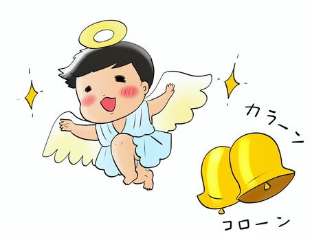 鐘が鳴り天使になって飛んでいく 天使,男性,子供,鐘,羽根,飛ぶ,昇天,喜ぶ,笑顔のイラスト素材