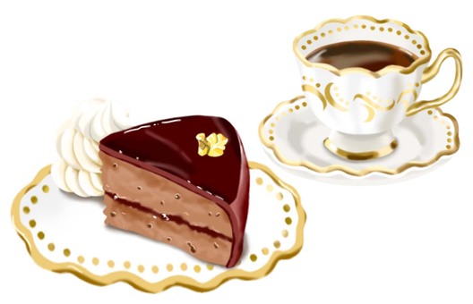 ザッハトルテとおしゃれなカップのコーヒー ザッハトルテ,チョコレート,ケーキ,生クリーム,コーヒー,喫茶,カフェ,おやつ,甘い,美味しいのイラスト素材