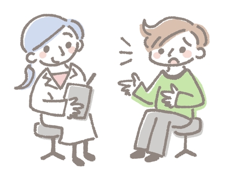 女性医師に話す男性患者 医師,医者,患者,男性,女医,白衣,話す,症状,説明,訴えるのイラスト素材