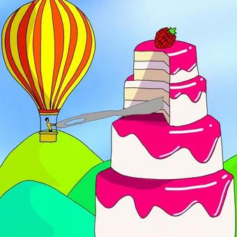 【短文カード】「き」の言葉④ 気球,ケーキ,切る,ナイフ,山,空,言語聴覚療法,絵カード,構音,情景画のイラスト素材