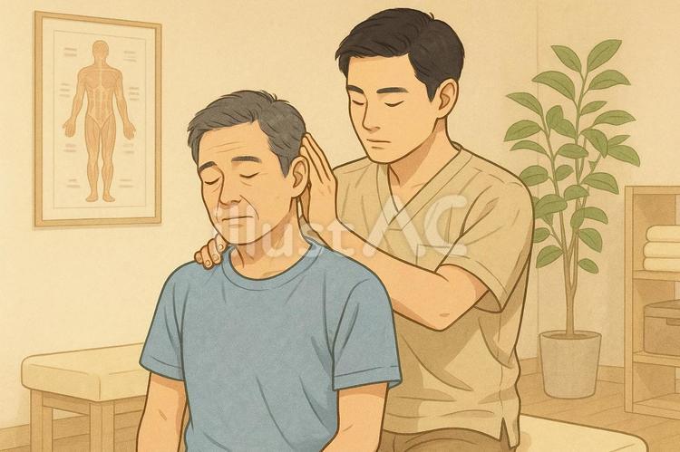 高齢男性の首を調整する施術 整体,高齢者,首のイラスト素材