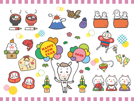 2026年午年可愛い白馬とお正月素材 2026年午年可愛い白馬とお正月素材 年賀状,午年,干支,2026年,白馬,風船,お祝い,お正月,門松,招き猫のイラスト素材