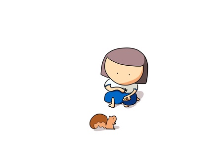 リス　おかっぱ 餌,どんぐり,おにぎり,リス,おかっぱ,女の子,待つのイラスト素材