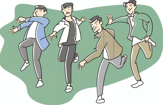 人物ポーズ-男性05 男性,仲間,友人,集合,4人,若い,走る,移動,動く,急ぐのイラスト素材