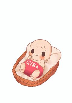 ジェンダー発表　女の子 女の子,報告,吹き出し,乳児,カゴ,ベッド,ジェンダーリビールカード,ジェンダーリビール,性別発表,girlのイラスト素材