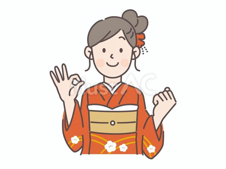 OKサインを出す振袖の女性 成人式,お正月,着物のイラスト素材