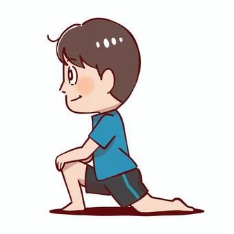 股関節を伸ばすストレッチをしている男性 股関節,ストレッチ,腸腰筋,伸ばす,男性,体操,ヨガ,ヨガポーズ,健康,健康維持のイラスト素材