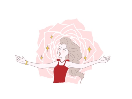 バラ色の人生 女性,笑顔,両手を広げる,バラ,ピンク,手書き,スタンプ,線画,キラキラのイラスト素材