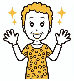  大阪のおばちゃん(黄)-053-バスト 嬉しい,おばちゃん,大阪,ヒョウ柄,おばはん,中年,女性,関西,派手,おばさんのイラスト素材