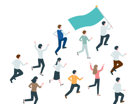 旗を掲げて走るリーダーと仲間 人物,会社員,サラリーマン,キャリアウーマン,ビジネスマン,ビジネスウーマン,走る,チーム,全身,前進のイラスト素材