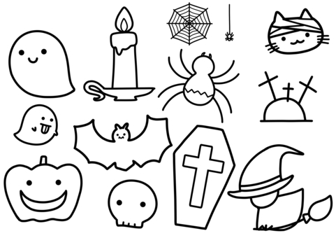 ハロウィン_モノクロ(白黒)_01 ハロウィン_モノクロ(白黒)_01 手描き,ハロウィン,デフォルメ,キャラクター,モノクロ,塗り絵,お化け,魔女,コウモリ,ドクロのイラスト素材