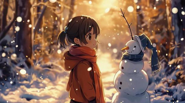 girl playing with snowman, , JPG